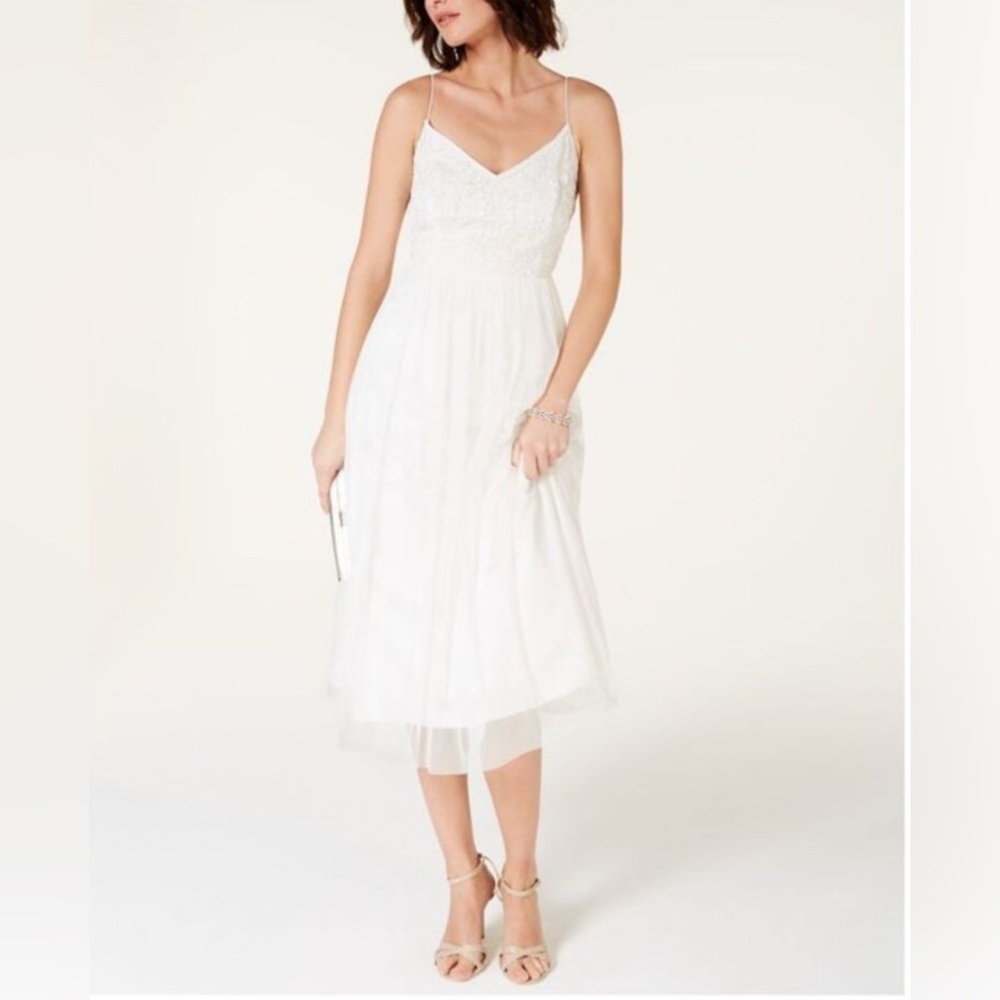 Adrianna Papell Beaded-Top Tulle Tea Length Dress